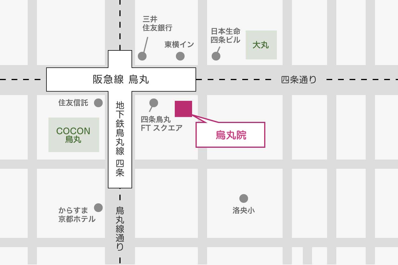 阪急烏丸駅　地下鉄四条駅すぐの地図
