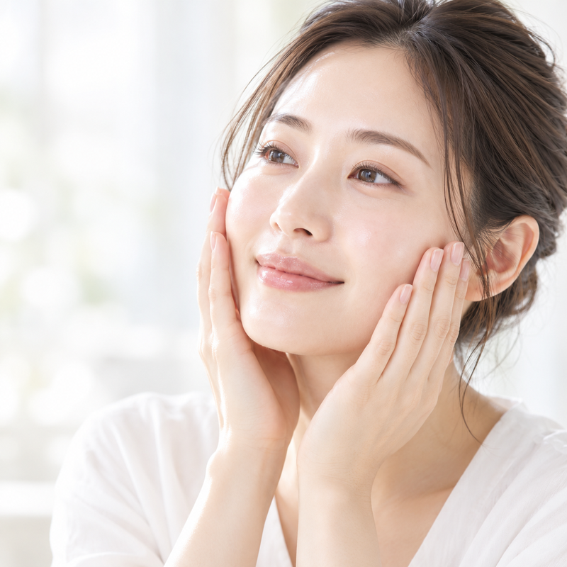 うるおいのある肌に手を添える女性のイメージ写真
