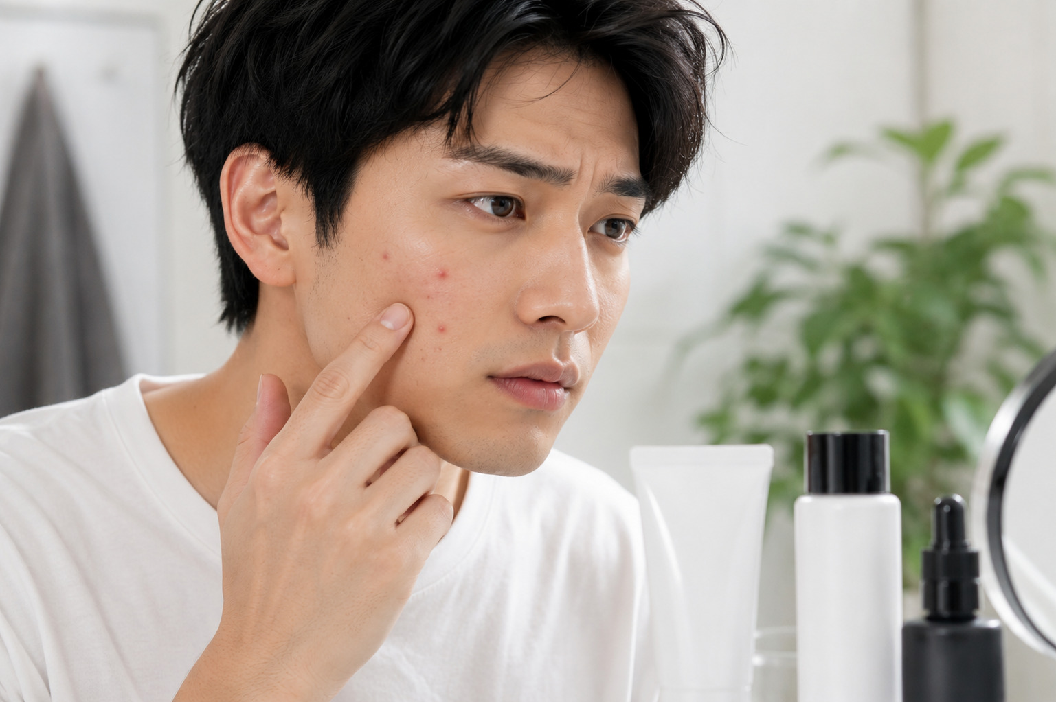 鏡を見ながら頬にできたニキビを気にして触れている男性