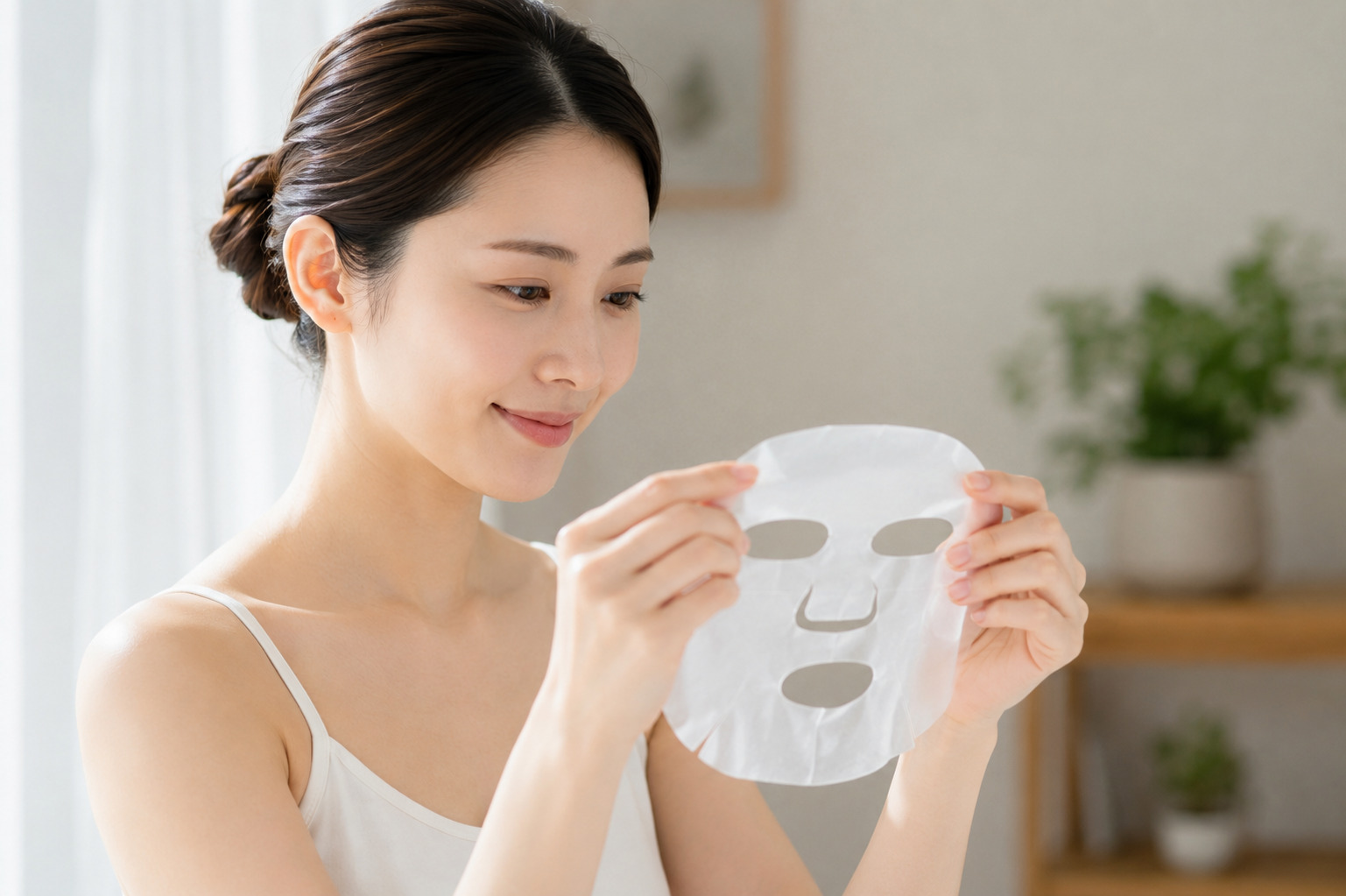 シートマスクを手に持って広げ、笑顔で眺める女性